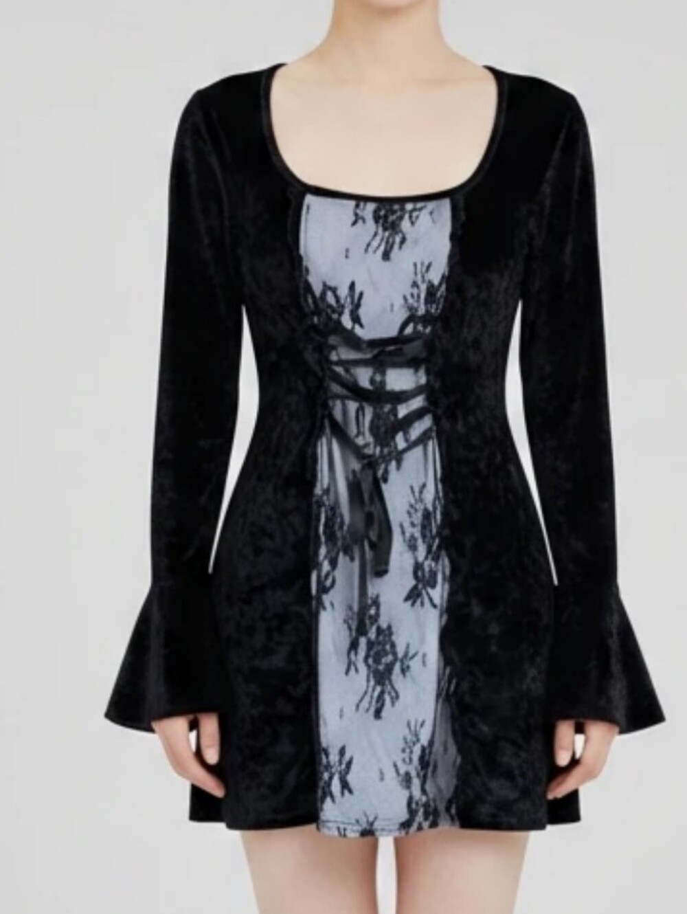 The Grave Girls Crushed Velvet Gothic Lace-Panel Dress
